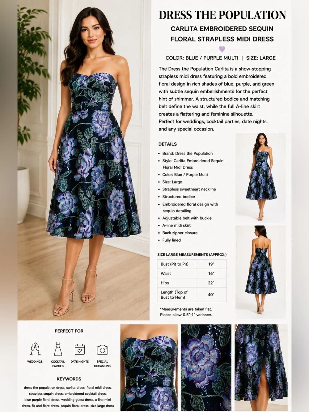 Dress the Population Carlita Floral Sequin Strapless Midi Dress Blue Purple Larg